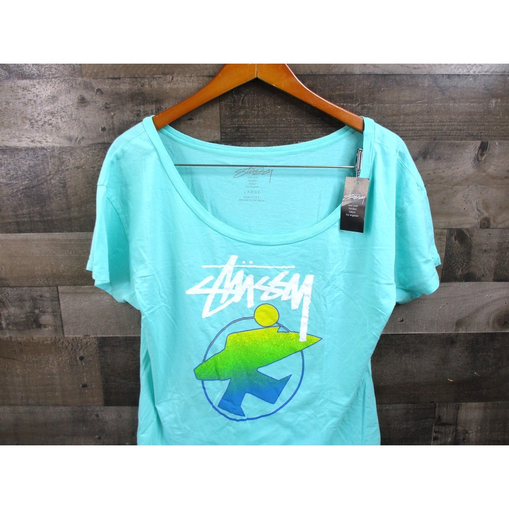 Stussy Shirt Womens Large Surfman Fade Wide Neck Graphic Tee Made in USA